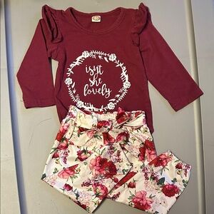 Burgundy Long Sleeve Top and Floral Pants Set